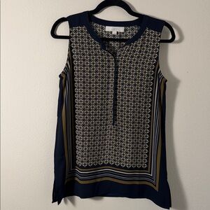 Loft Geometric Navy and Gold Printed Sleeveless Top With Buttons Size XS